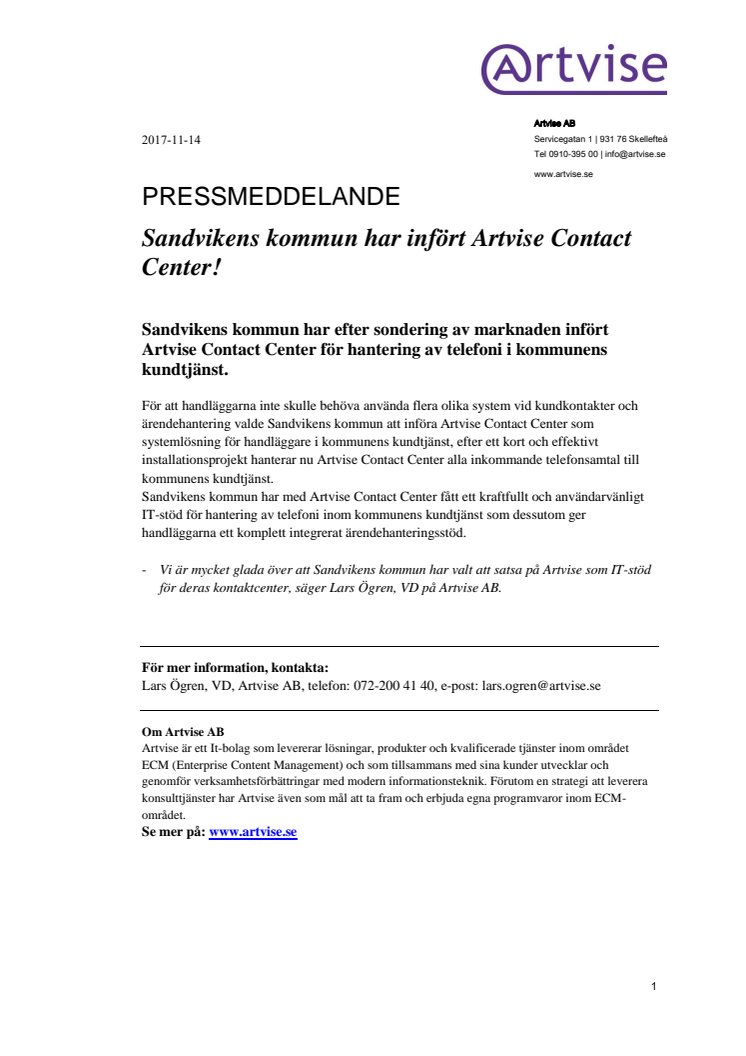 Sandvikens kommun har infört Artvise Contact Center!