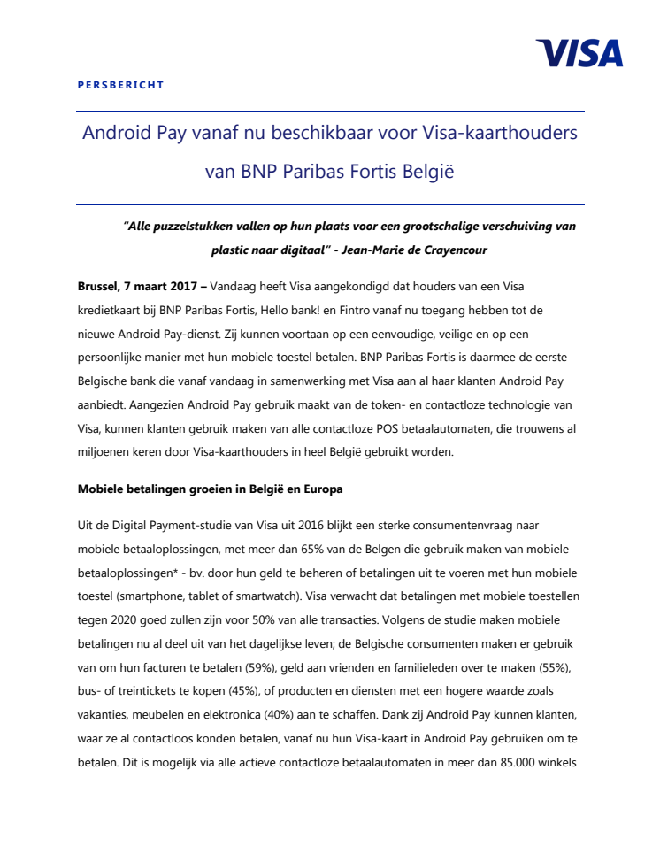 Android Pay vanaf nu beschikbaar voor Visa-kaarthouders van BNP Paribas Fortis België