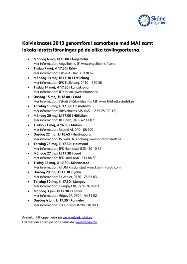 Kontaktinformation till lokala arrangörer av Kalvinknatet