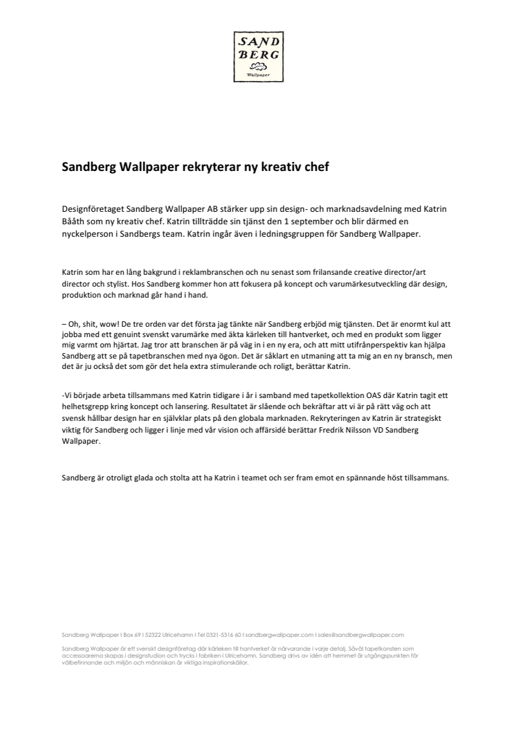 Sandberg Wallpaper rekryterar ny kreativ chef