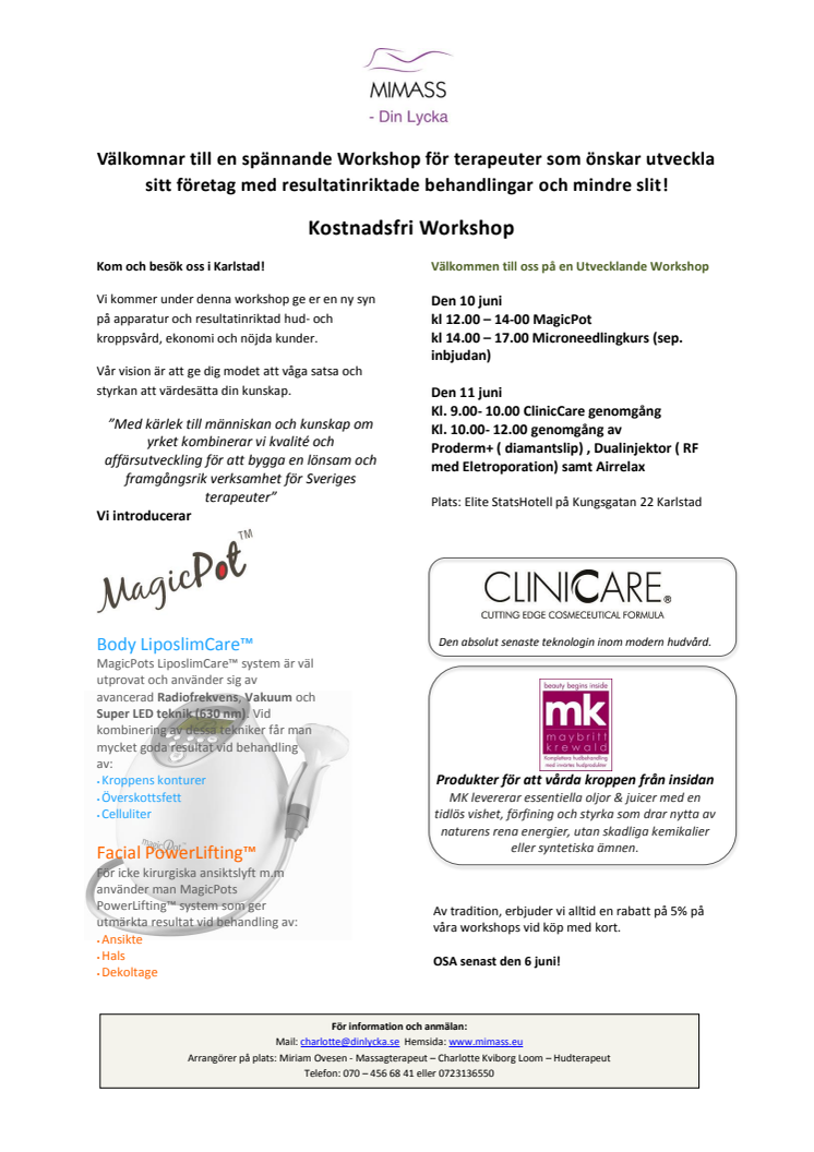 Inbjudan för hudterapeuter till Workshop i Karlstad den 10 & 11 Juni