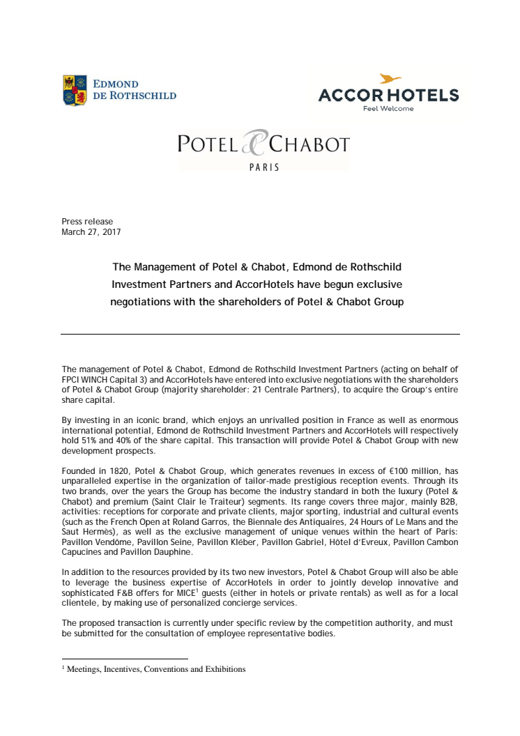 AccorHotels inleder strategiskt partnerskap med anrika service- och eventföretaget Potel & Chabot