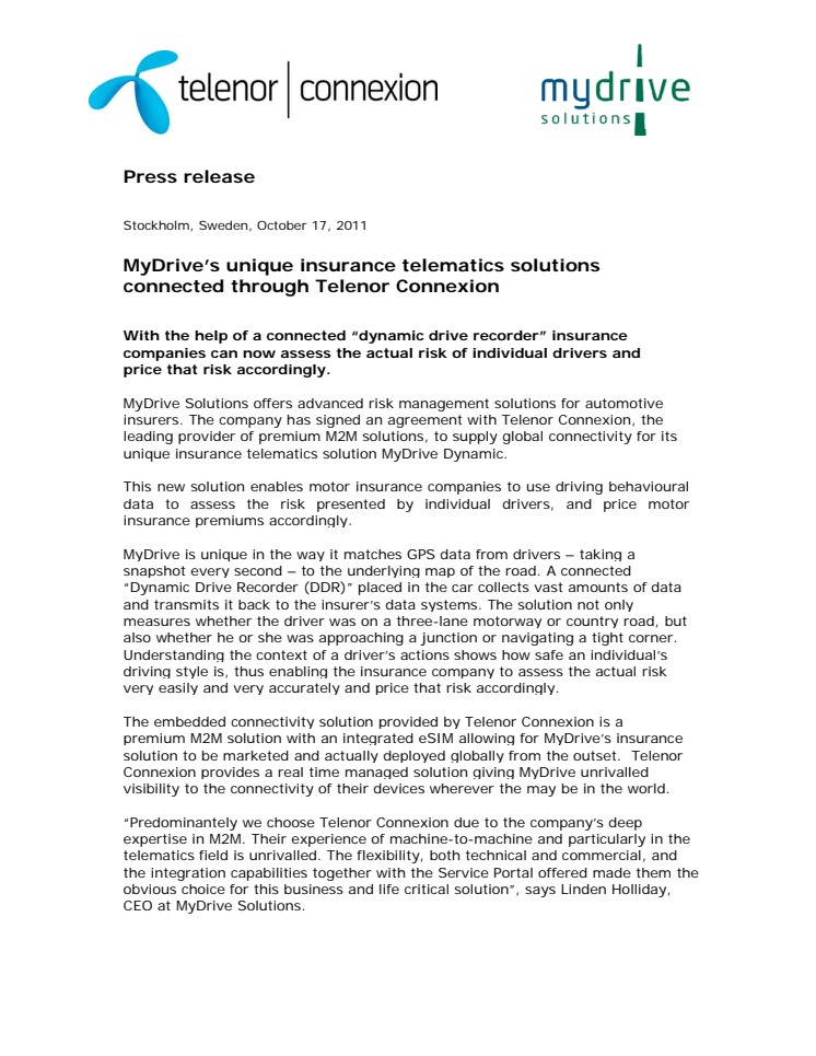 MyDrive’s unique insurance telematics solutions connected through Telenor Connexion