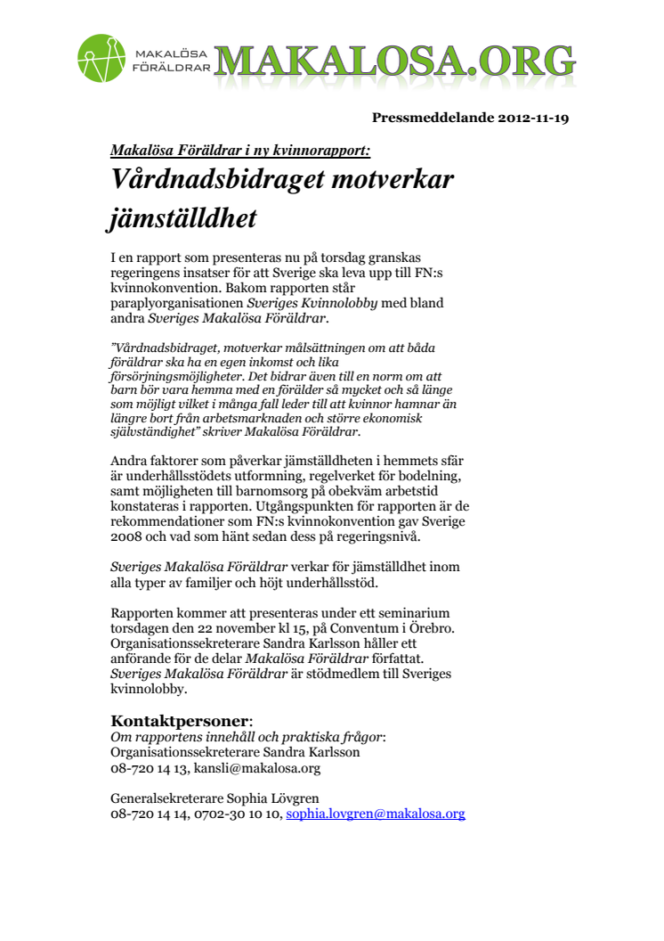 Makalösa Föräldrar i ny kvinnorapport: Vårdnadsbidraget motverkar jämställdhet 