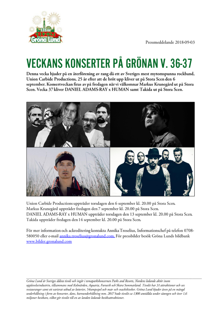 Veckans konserter på Grönan V. 36-37