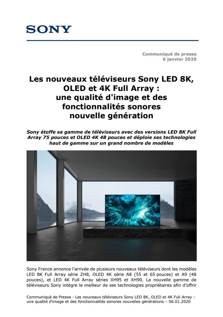 CES 2020 : Les nouveaux téléviseurs Sony LED 8K, OLED et 4K Full Array :  une qualité d'image et des fonctionnalités sonores nouvelle génération