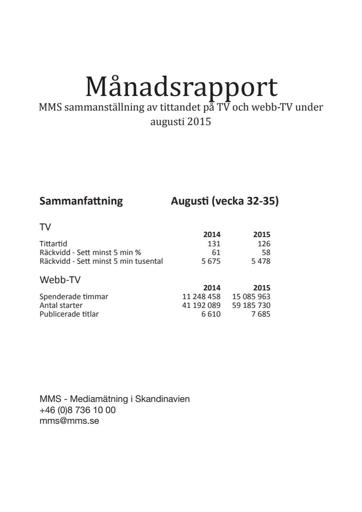 MMS Månadsrapport augusti 2015