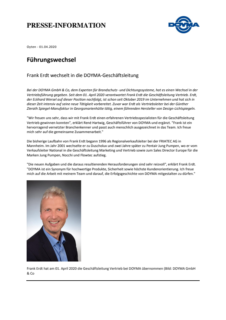 DOYMA-Pressemitteilung: Frank Erdt wechselt in die DOYMA-Geschäftsleitung