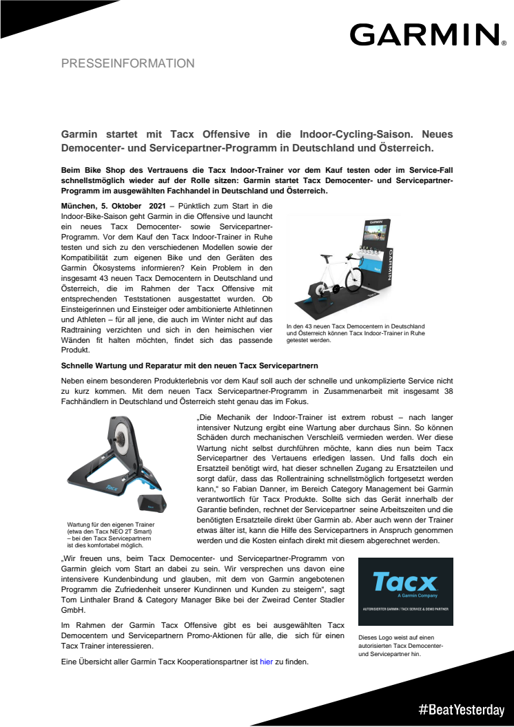 PM Garmin Tacx Democenter und Servicepartner Programm