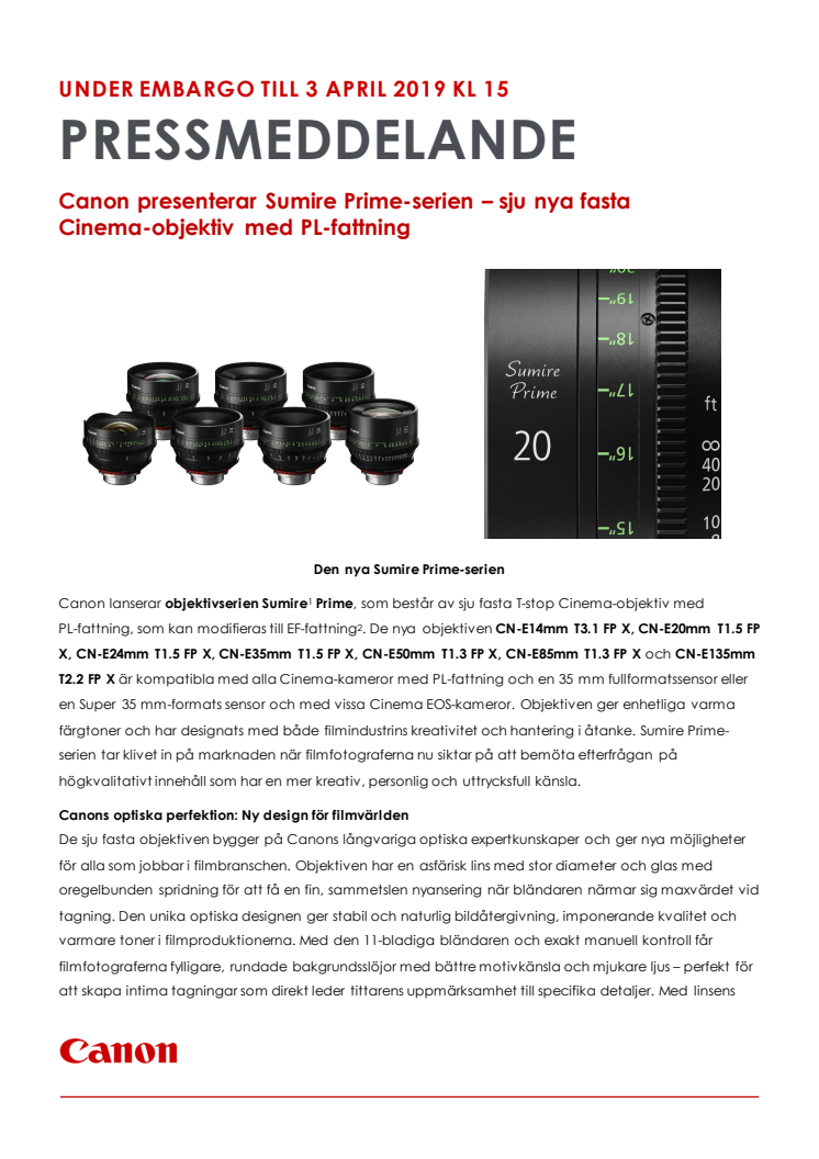 Canon presenterar Sumire Prime-serien – sju nya fasta Cinema objektiv med PL-fattning 