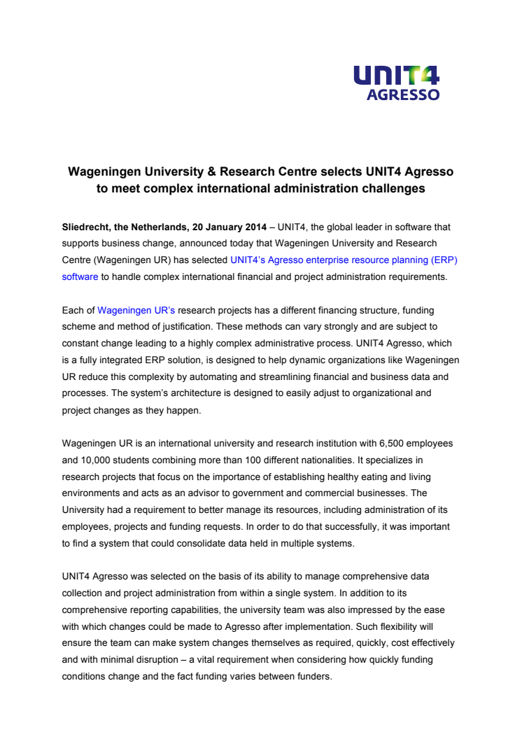 Wageningen UR chooses UNIT4 Agresso_Press release