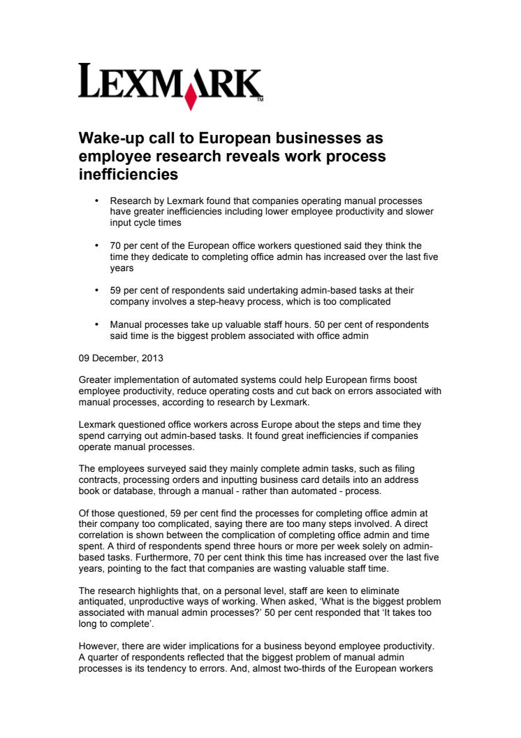 Wake-up call to European businesses as employee research reveals work process inefficiencies