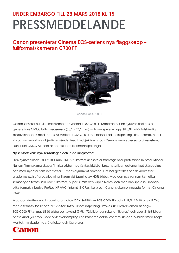 Canon presenterar Cinema EOS-seriens nya flaggskepp – fullformatskameran C700 FF