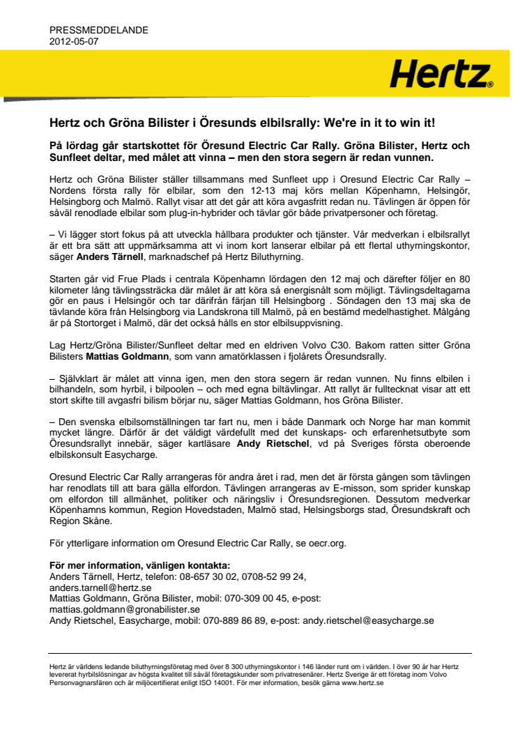 Hertz och Gröna Bilister i Öresunds elbilsrally: We're in it to win it!