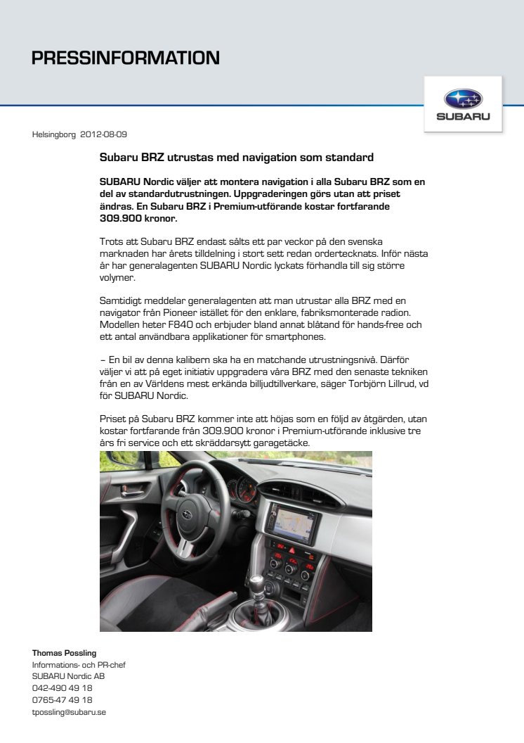 Subaru BRZ utrustas med navigation som standard