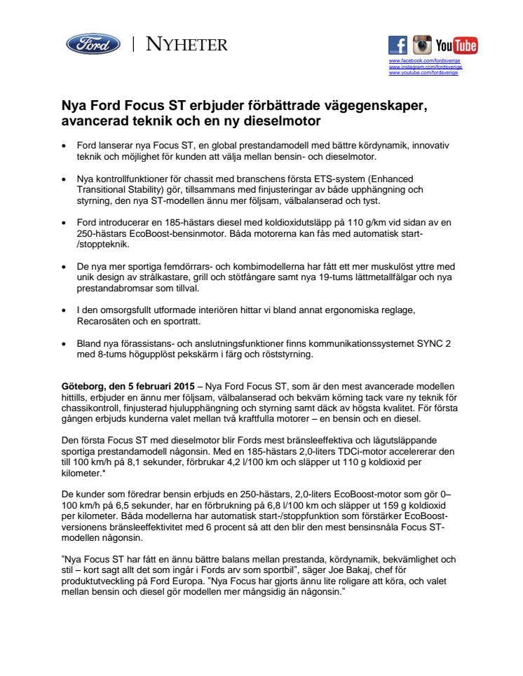 Nya Ford Focus ST erbjuder förbättrade vägegenskaper, avancerad teknik och en ny dieselmotor