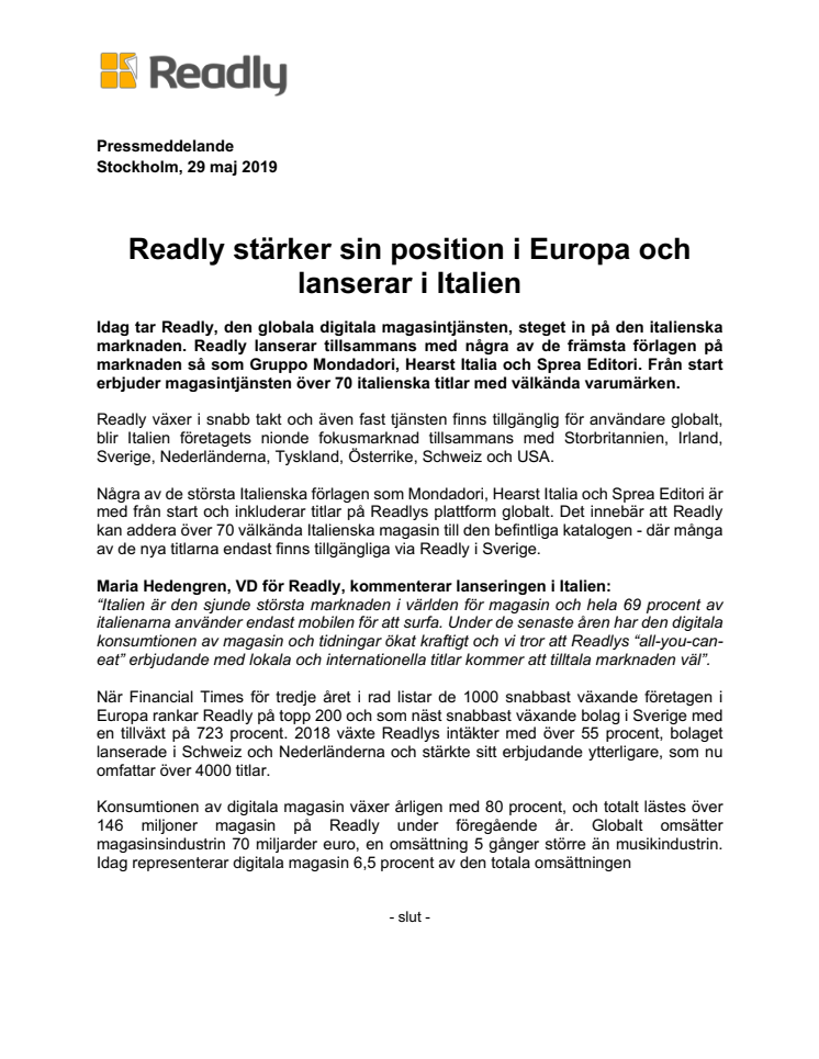 Readly stärker sin position i Europa och lanserar i Italien