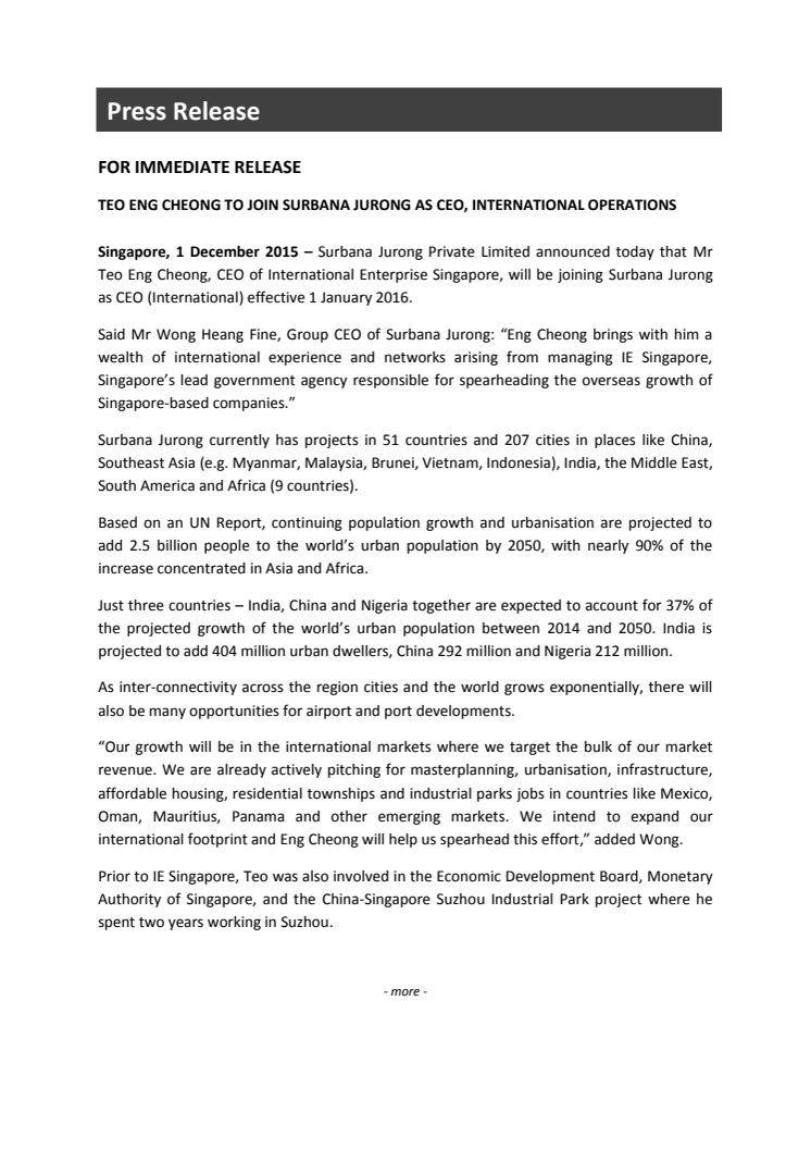 Mr Teo Eng Cheong to join Surbana Jurong as CEO, International Operations