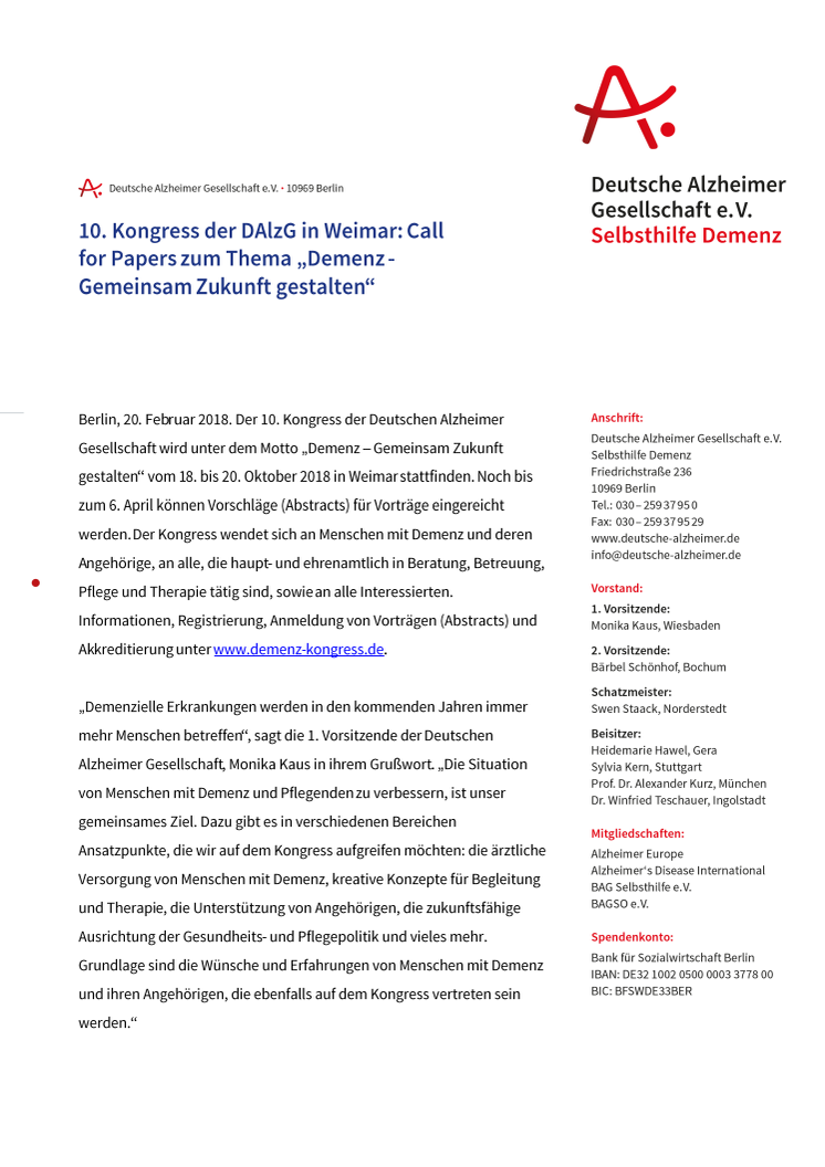 10. Kongress der DAlzG in Weimar: Call for Papers zum Thema „Demenz - Gemeinsam Zukunft gestalten“