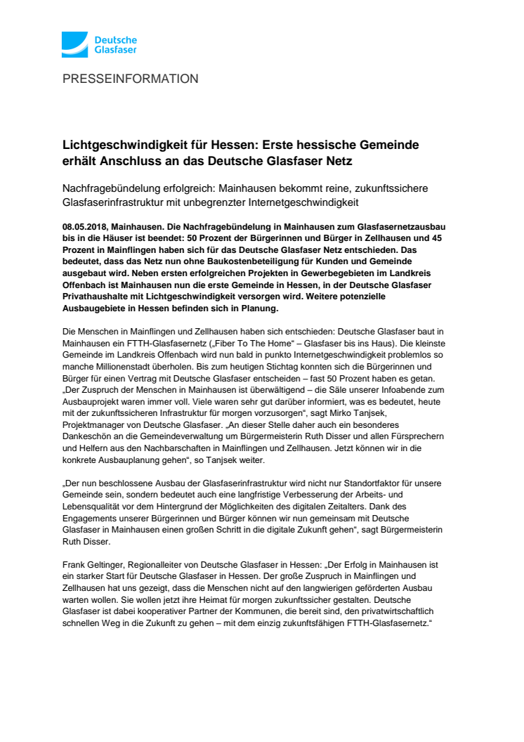 Lichtgeschwindigkeit für Hessen: Erste hessische Gemeinde erhält Anschluss an das Deutsche Glasfaser Netz