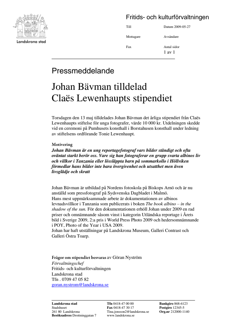 Johan Bävman tilldelad Claës Lewenhaupts stipendiet 