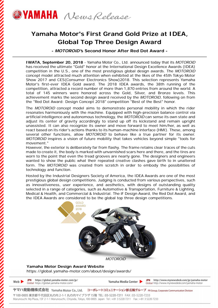 Yamaha Motor's First Grand Gold Prize at IDEA, Global Top Three Design Award 　- MOTOROiD's Second Honor After Red Dot Award -