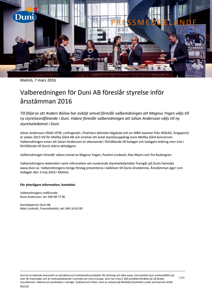 Valberedningen för Duni AB föreslår styrelse inför årsstämman 2016