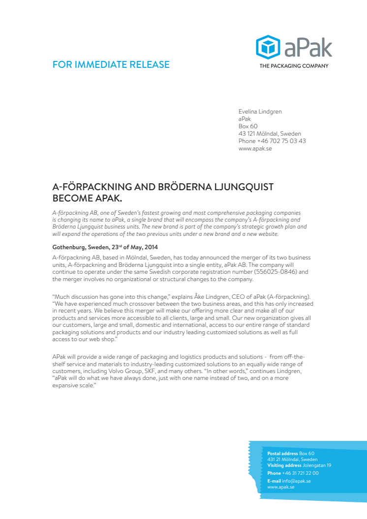 A-förpackning and Bröderna Ljungquist become aPak.