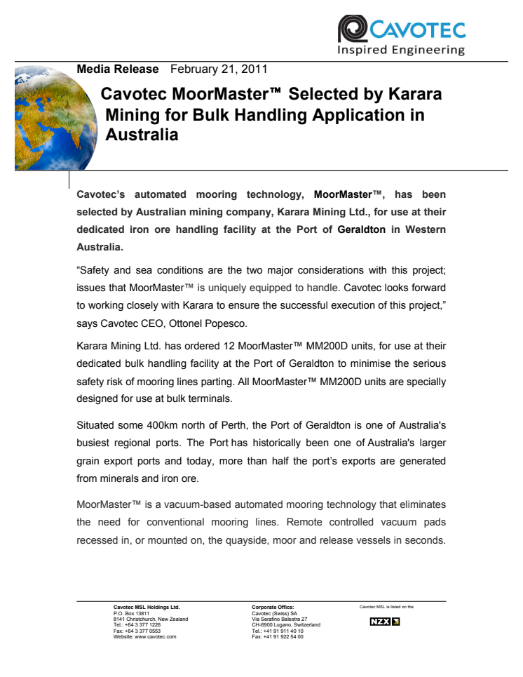 Cavotec MoorMaster™ Selected by Karara Mining for Bulk Handling Application in Australia