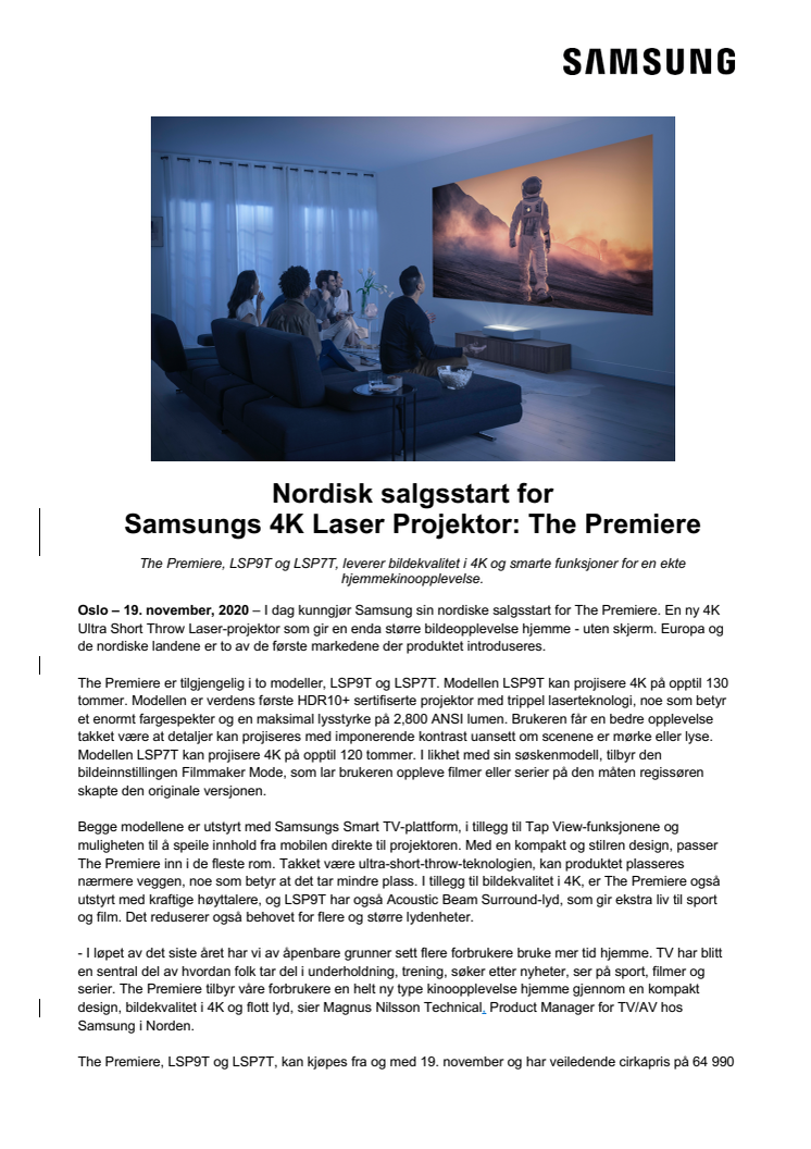 Nordisk salgsstart for  Samsungs 4K Laser Projektor: The Premiere