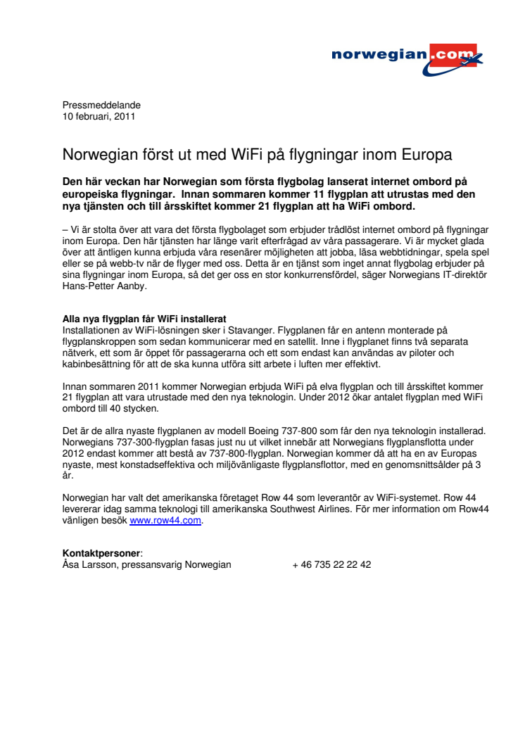 Norwegian först ut med WiFi på flygningar inom Europa