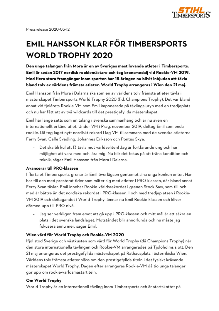 Emil Hansson klar för Timbersports World Trophy 2020