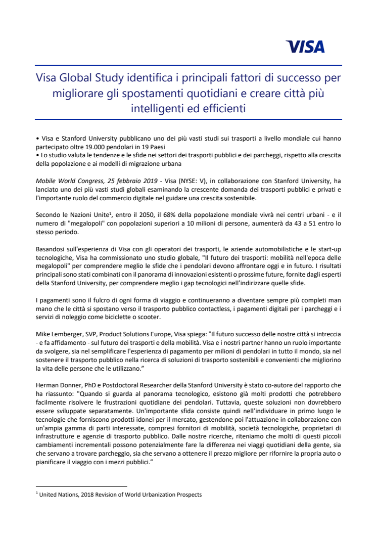 Visa Global Study identifica i principali fattori di successo per migliorare gli spostamenti quotidiani e creare città più intelligenti ed efficienti