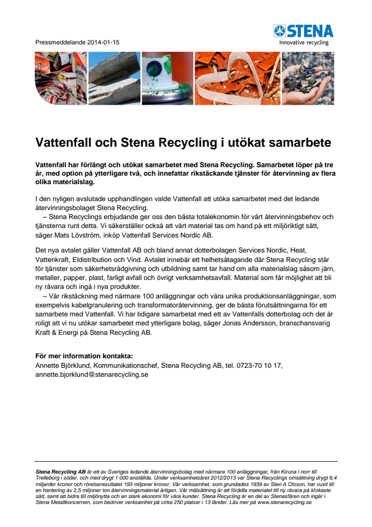 Vattenfall och Stena Recycling i utökat samarbete