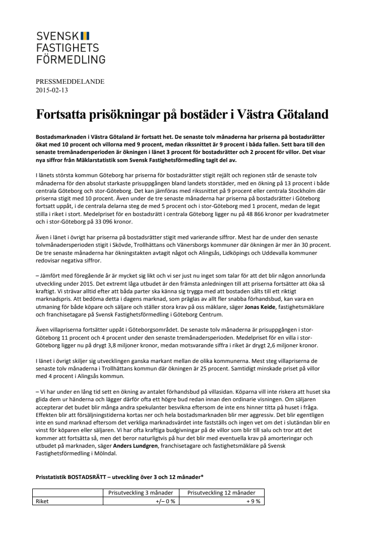 Fortsatta prisökningar på bostäder i Västra Götaland