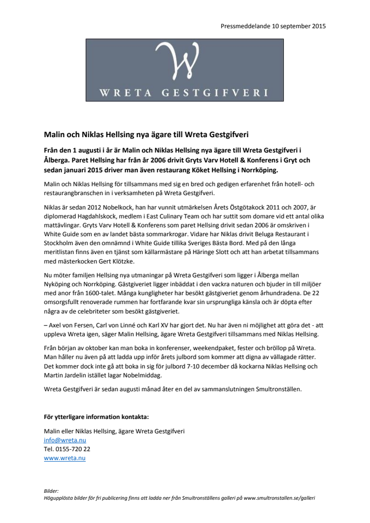 Malin och Niklas Hellsing nya ägare till Wreta Gestgifveri