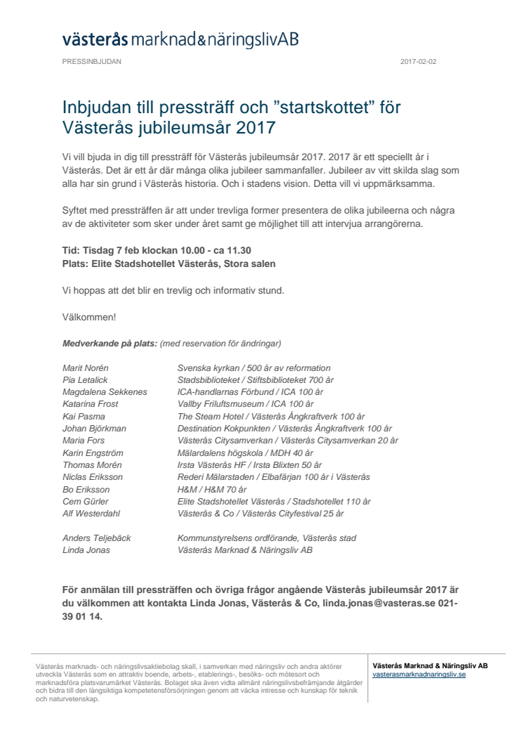 Inbjudan till pressträff och ”startskottet” för  Västerås jubileumsår 2017