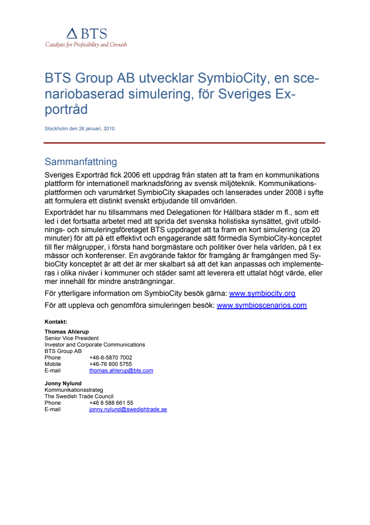 BTS Group utvecklar SymbioCity för Sveriges Exportråd