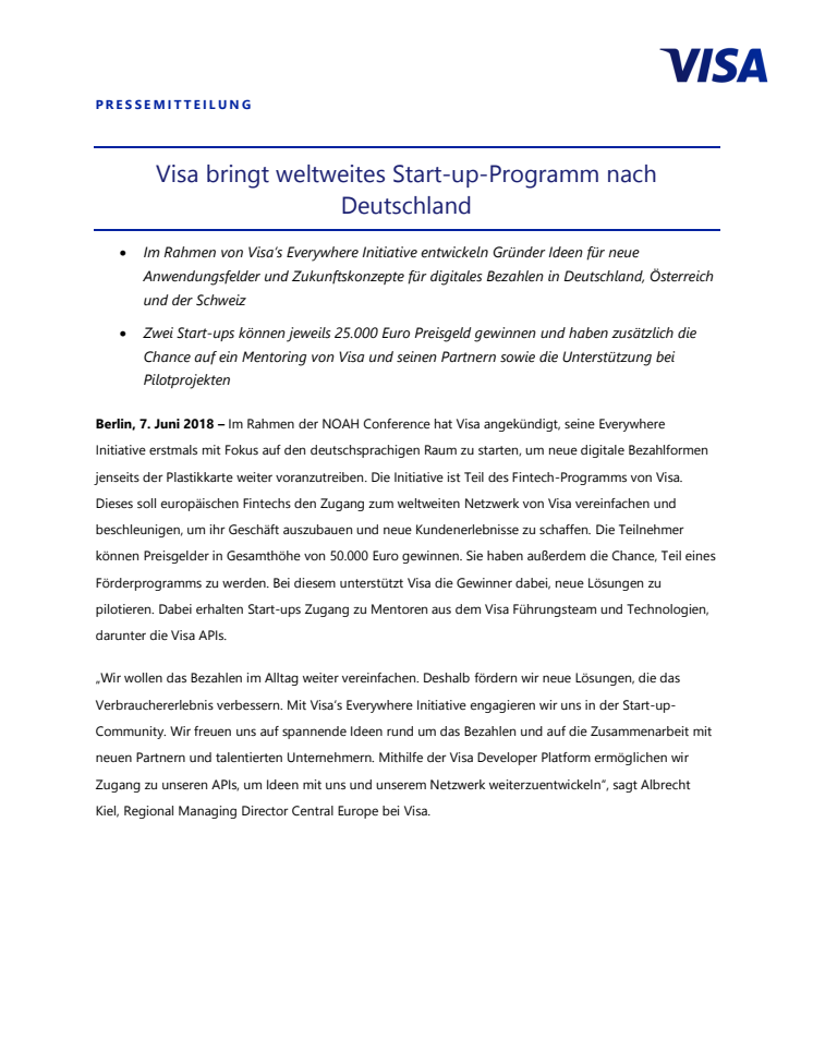Visa bringt weltweites Start-up-Programm nach Deutschland