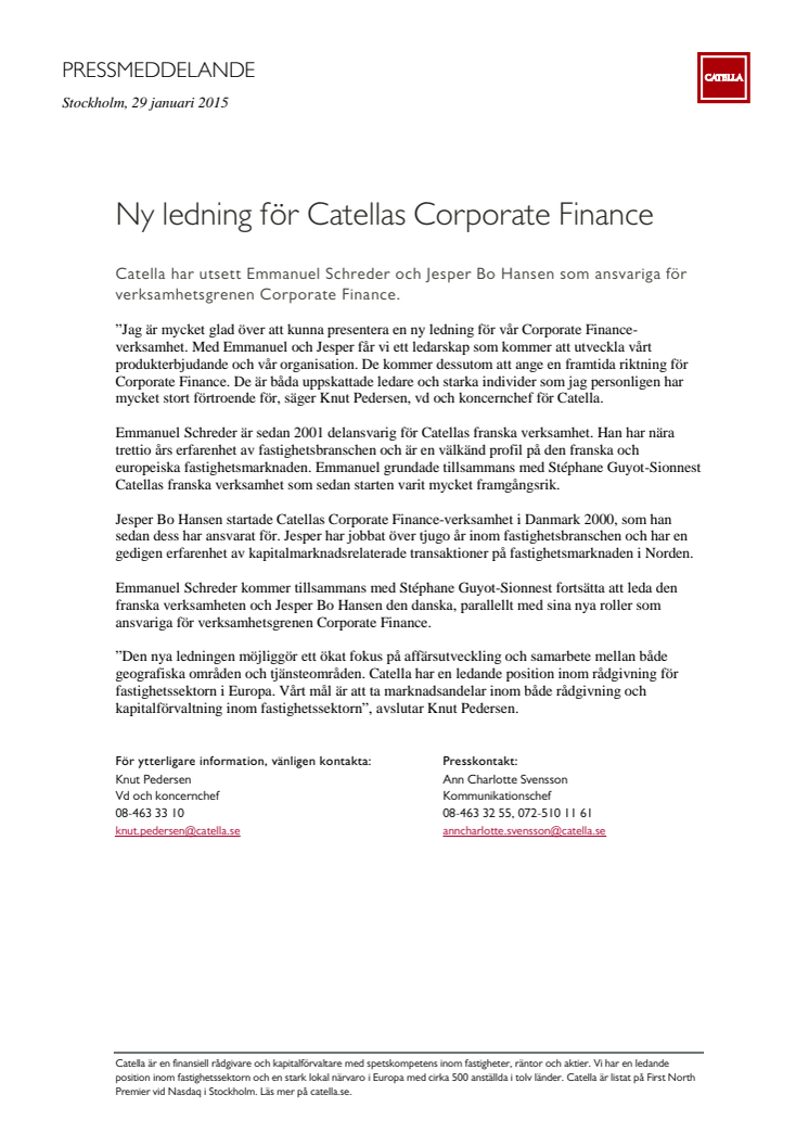 Ny ledning för Catellas Corporate Finance