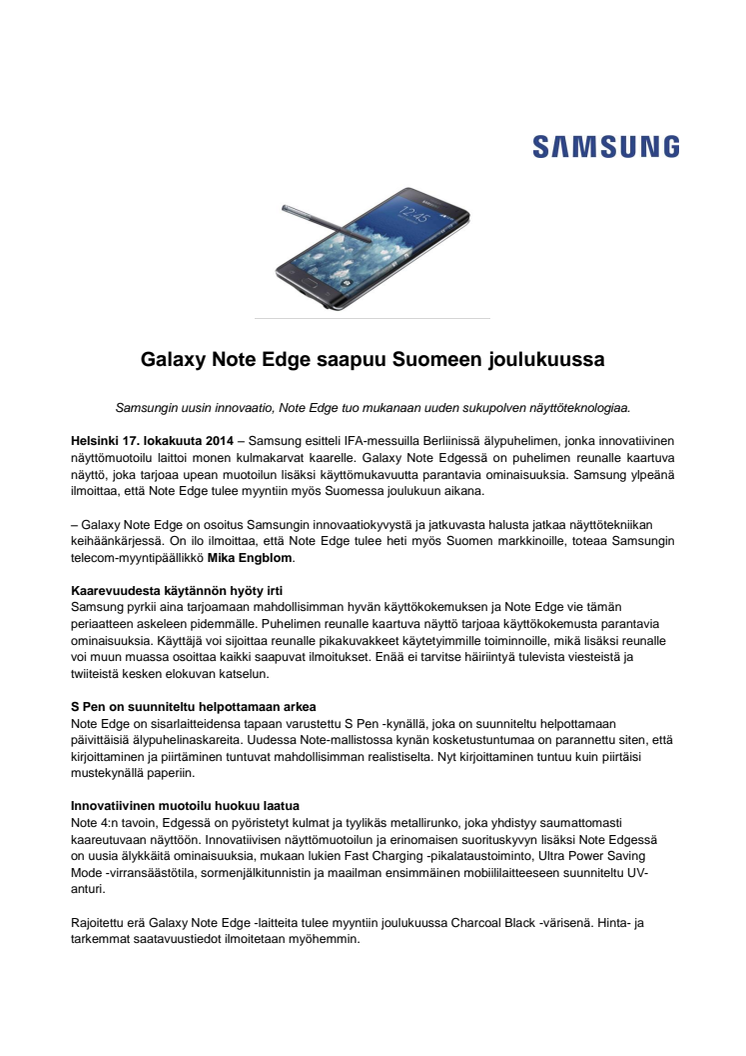 Galaxy Note Edge saapuu Suomeen joulukuussa