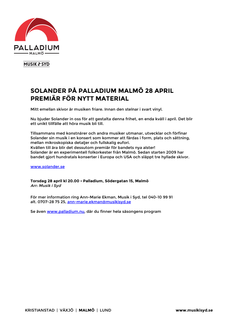 Solander på Palladium Malmö 28 april  – premiär för nytt material!