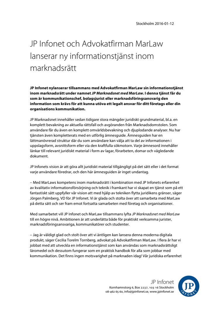 JP Infonet och Advokatfirman MarLaw  lanserar ny informationstjänst inom  marknadsrätt 