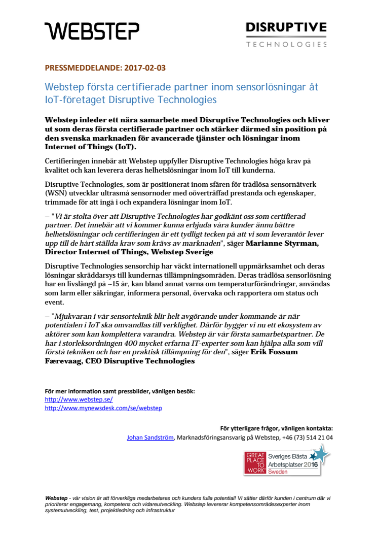 Webstep första certifierade partner inom sensorlösningar åt IoT-företaget Disruptive Technologies