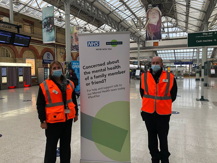 Station manager, Kate Richards, and Team Leader, Matt Knott, setting up the mental health hub at Eastbourne station