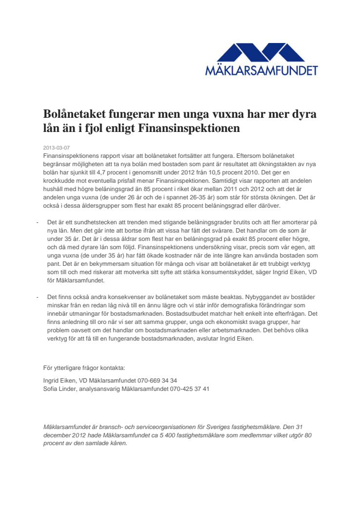 Bolånetaket fungerar men unga vuxna har mer dyra lån än i fjol enligt Finansinspektionen