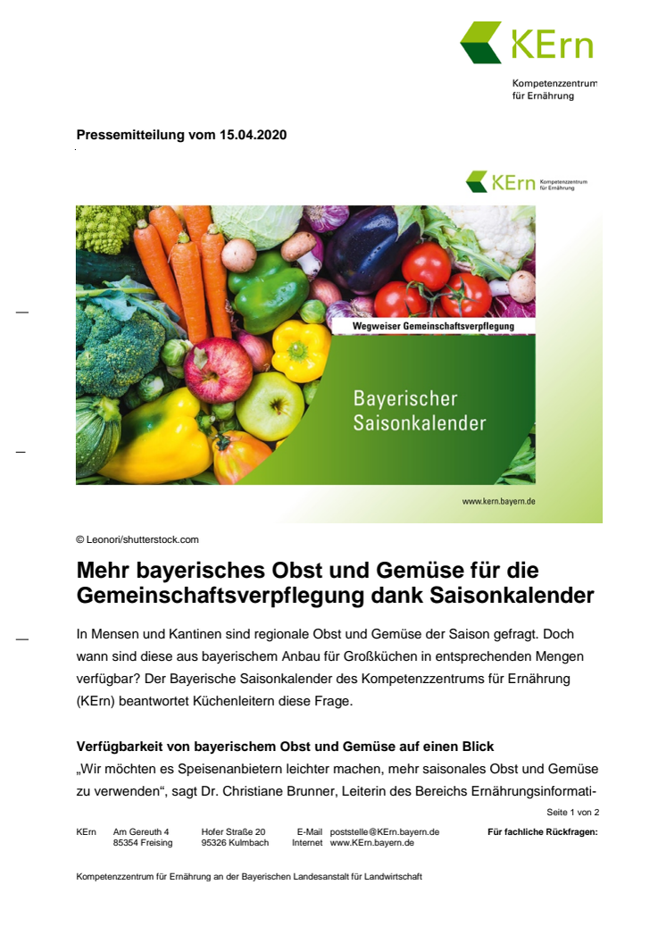Mehr bayerisches Obst und Gemüse für die Gemeinschaftsverpflegung dank Saisonkalender