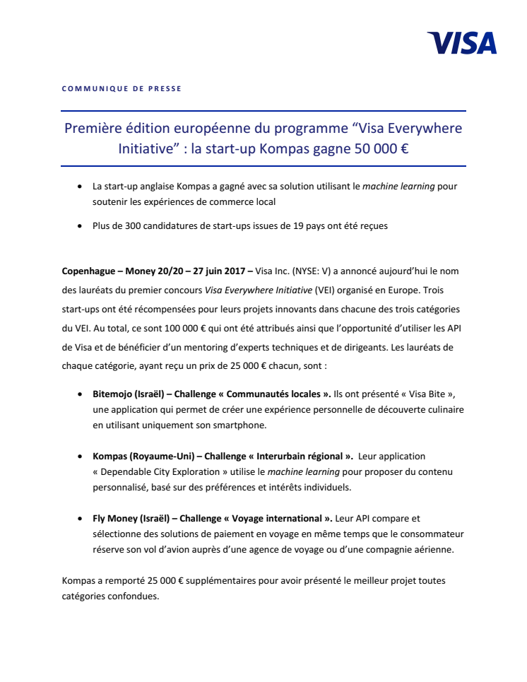 Première édition européenne du programme “Visa Everywhere Initiative” : la start-up Kompas gagne 50 000 € 