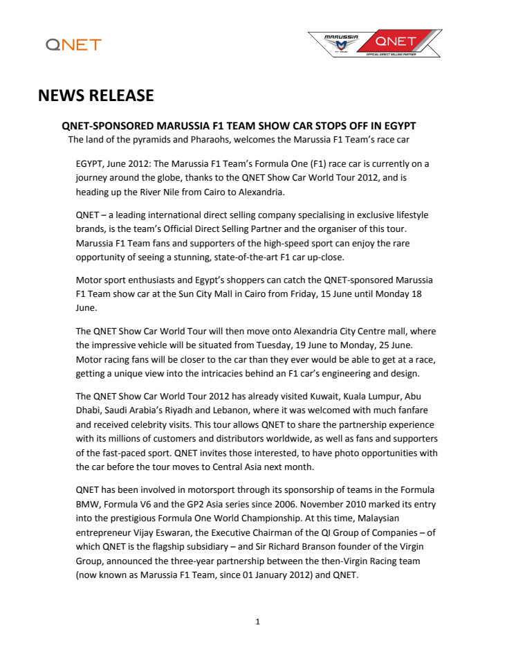 QNET sponsored Marussia F1 Team Show Car stops off in Egypt