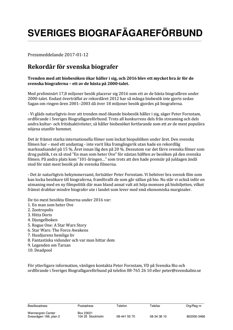 Rekordår för svenska biografer - Pressmeddelande från Sveriges Biografägareförbund